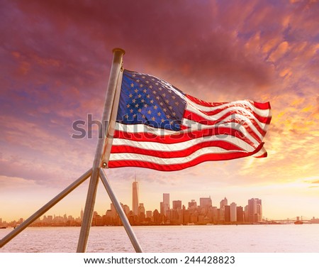 Manhattan skyline New York with American flag US USA