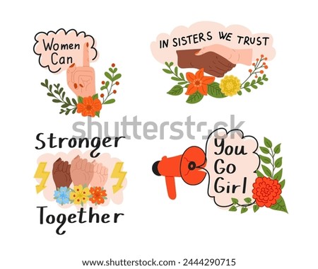 Feminist slogan clip art. Isolated sticker set. Composition in simple style with hand-lettering phrases - stylish prints for posters or t-shirts - feminism quotes and woman motivational slogans