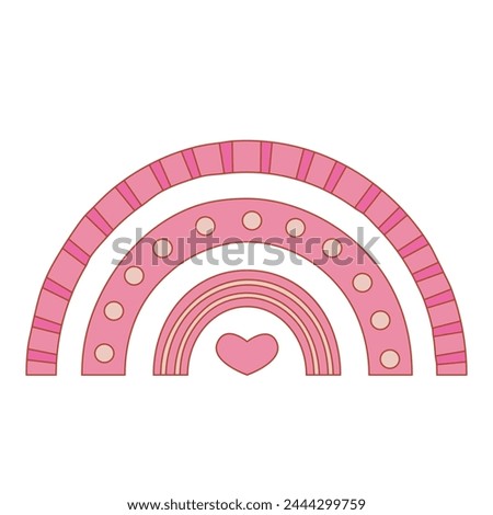 Cute pink rainbow with a heart. Clip art for Valentine's Day. Greeting card. Vector illustration in flat style. Isolated on white background. For scrapbooking, invitation card, stickers, and planner.
