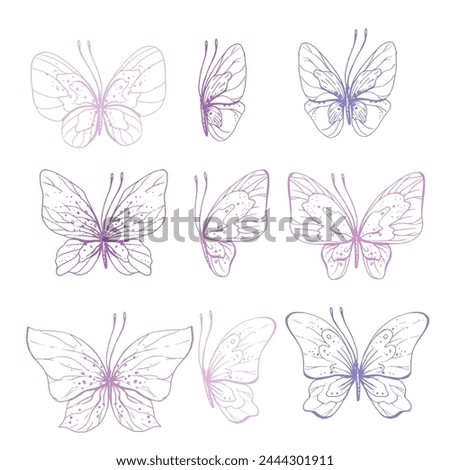 Butterflies are pink, blue, lilac, flying, delicate line art, clip art. Graphic illustration hand drawn in pink, lilac ink. Set of isolated objects EPS vector.