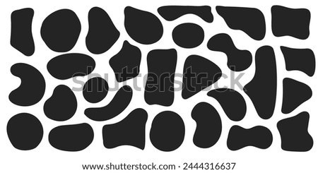 Set of organic irregular blob shapes. Black random deform spot fluid circle Isolated on white background. Organic amoeba Doodle drops Retro vector elements. Abstract rounded forms Vector illustration.