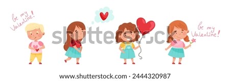 Cute Boy and Girl Feel Love at Valentine Day Vector Set