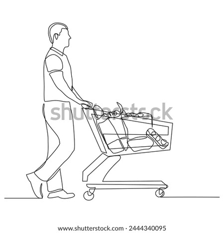 Continuous single line sketch drawing young happy man pushing shopping trolley cart. One line retail shop mart market vector illustration
