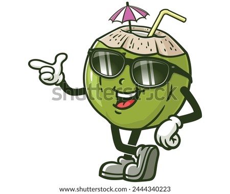 Coconut wearing sunglasses cartoon mascot illustration character vector clip art hand drawn