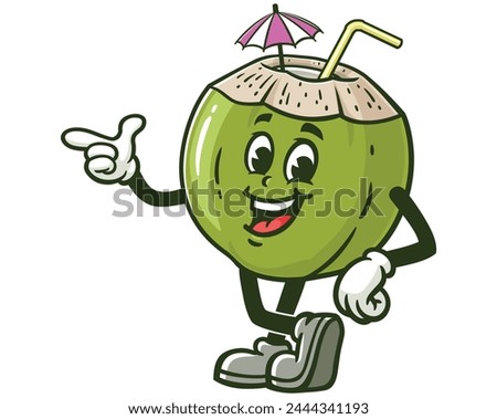 Coconut with pointing finger cartoon mascot illustration character vector clip art hand drawn
