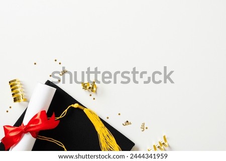 Graduation cap and diploma with gold glitter tinsel on white background. Graduation party concept.