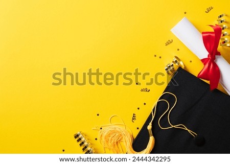 Graduation cap and diploma with gold glitter tinsel on yellow background. Flat lay, top view. Royalty-Free Stock Photo #2444342295