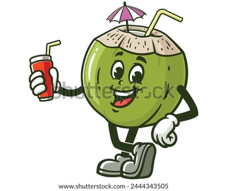Coconut with soft drink cartoon mascot illustration character vector clip art hand drawn