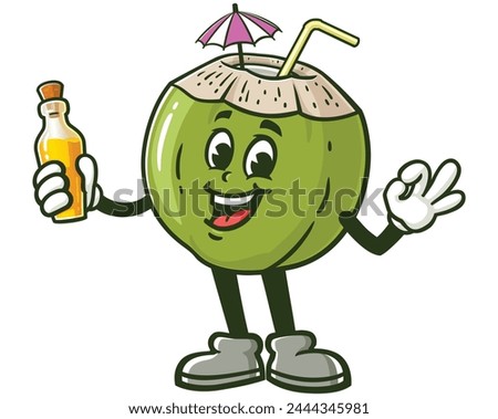 Coconut holding a bottle of coconut oil cartoon mascot illustration character vector clip art hand drawn
