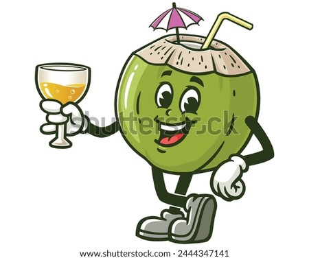 Coconut holding a glass of drink cartoon mascot illustration character vector clip art hand drawn