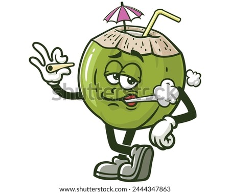 smoking Coconut cartoon mascot illustration character vector clip art hand drawn
