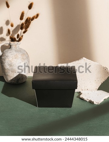 Black box with lid on green background with travertine stones, sunlight and shadows, and dried flowers
