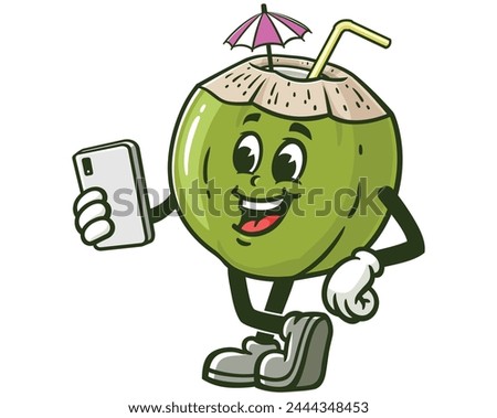 Coconut holding a gadget cartoon mascot illustration character vector clip art hand drawn