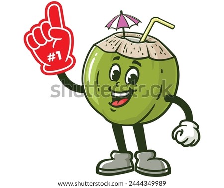 Coconut with foam finger cartoon mascot illustration character vector clip art hand drawn