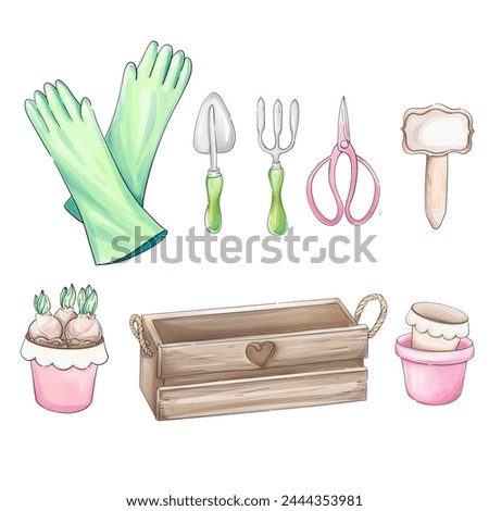 Watercolor clip art garden tools clipart, set of inventory for gardener. Romantic springtime sketch for design