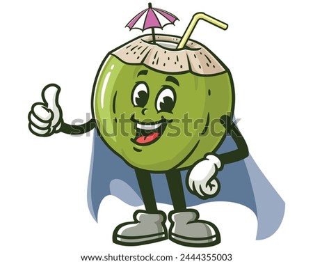 Coconut with caped superhero style cartoon mascot illustration character vector clip art hand drawn