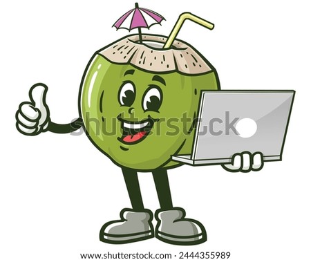 Coconut with laptop cartoon mascot illustration character vector clip art hand drawn