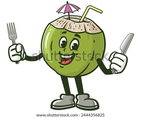 Coconut holding fork and knife cartoon mascot illustration character vector clip art hand drawn