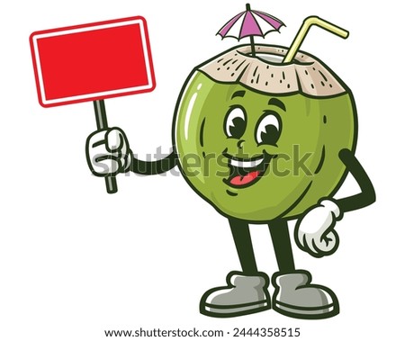 Coconut holding a blank sign board cartoon mascot illustration character vector clip art hand drawn