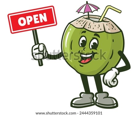 Coconut holding open sign board cartoon mascot illustration character vector clip art hand drawn