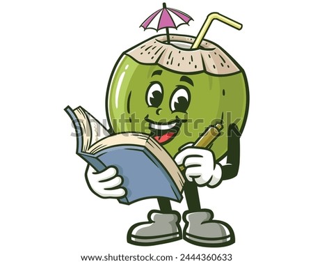 Coconut with book cartoon mascot illustration character vector clip art hand drawn
