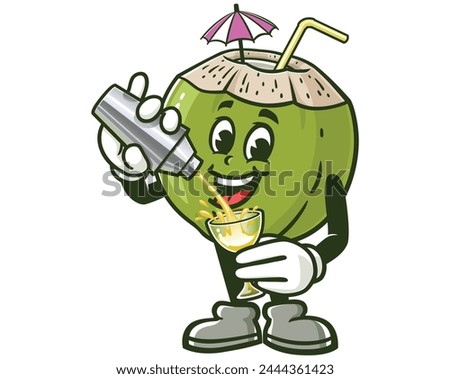 Coconut is making a cocktail cartoon mascot illustration character vector clip art hand drawn