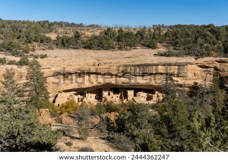 Spruce Tree House at Mesa Verde National Park in Colorado. Protected Ancestral Puebloan site, famous cliff dwelling. Closed due to rock fall danger.