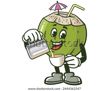 Coconut barista is mixing latte coffee cartoon mascot illustration character vector clip art hand drawn
