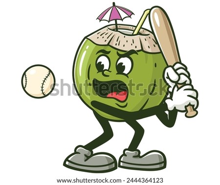 Coconut playing baseball cartoon mascot illustration character vector clip art hand drawn