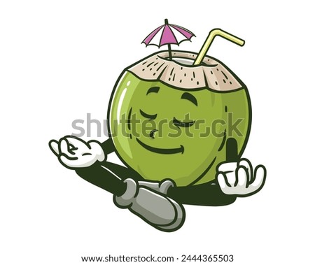 Coconut is meditating cartoon mascot illustration character vector clip art hand drawn
