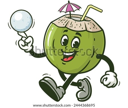 Coconut playing ice ball or snowball cartoon mascot illustration character vector clip art hand drawn