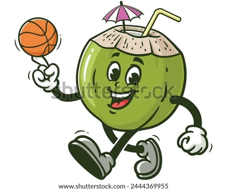 Coconut playing basketball cartoon mascot illustration character vector clip art hand drawn
