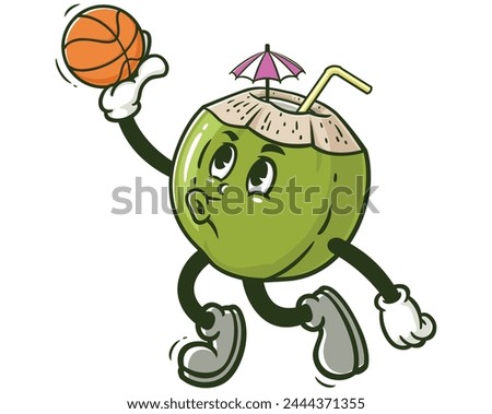 Coconut playing slam dunk basketball cartoon mascot illustration character vector clip art hand drawn