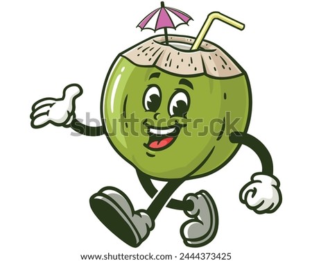 walking Coconut drink cartoon mascot illustration character vector clip art hand drawn