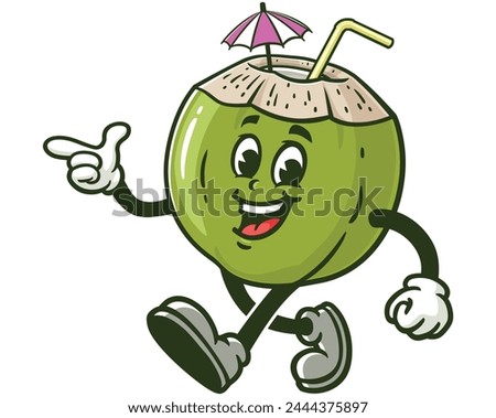 walking Coconut with pointing finger cartoon mascot illustration character vector clip art hand drawn
