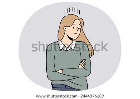Unhappy woman look in distance thinking and brainstorming. Distressed girl feel upset and frustrated frowning and worrying. Vector illustration.