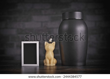 In remembrance of a cat. Decorative urn , next to a candle and a Picture Frame. Horizontal image with copy space for your own content.	