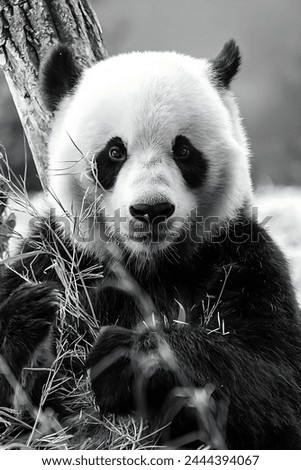 A black and white picture of a panda eating grass, looking at the camera with a tree behind him