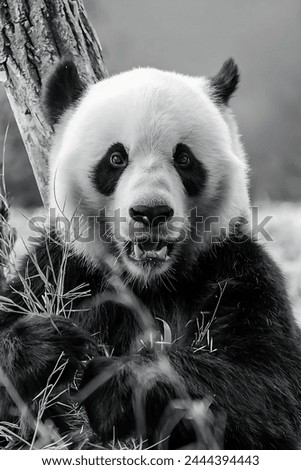 A black and white picture of a panda eating grass, looking at the camera with a tree behind him He seems afraid.