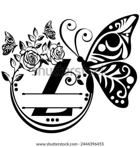 Black handwritten monogram capital letter Z decorated with Roses and butterflies, vector clip art on a white isolated background
