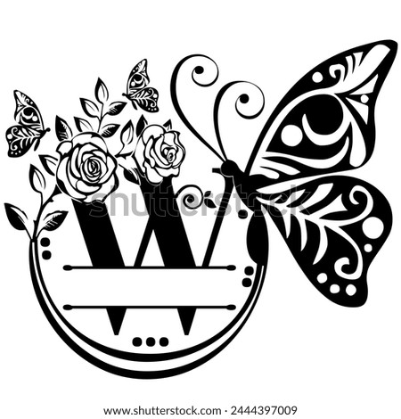 Black handwritten monogram capital letter w decorated with Roses and butterflies, vector clip art on a white isolated background