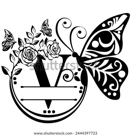 Black handwritten monogram capital letter V decorated with Roses and butterflies, vector clip art on a white isolated background