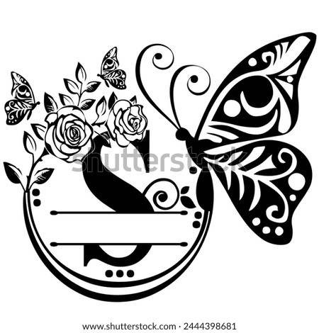 Black handwritten monogram capital letter S decorated with Roses and butterflies, vector clip art on a white isolated background