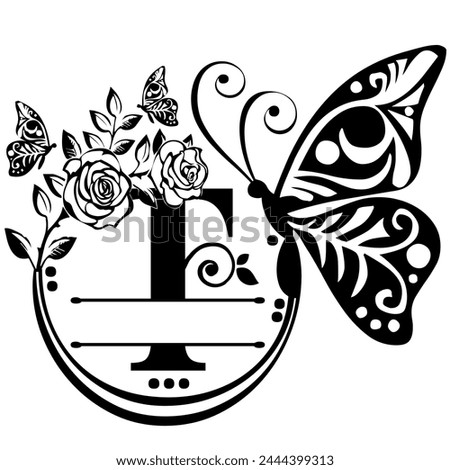 Black handwritten monogram capital letter T decorated with Roses and butterflies, vector clip art on a white isolated background
