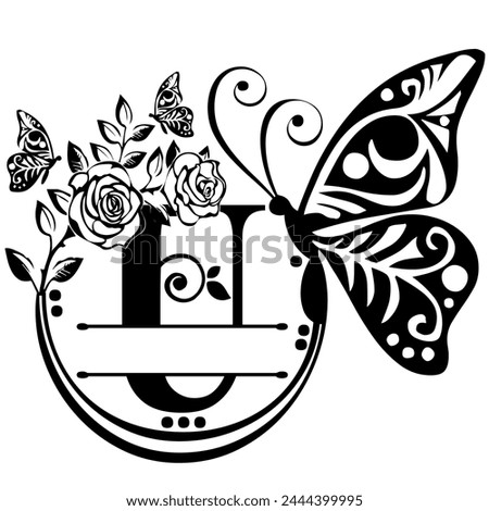 Black handwritten monogram capital letter U decorated with Roses and butterflies, vector clip art on a white isolated background