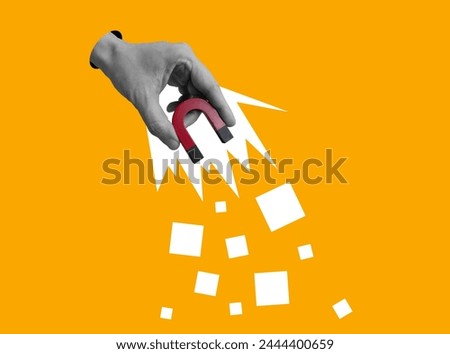 Collage with a hand holding a magnet that attracts. Lead new clients concept. Royalty-Free Stock Photo #2444400659