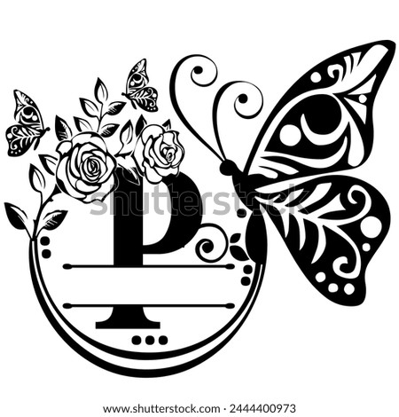 Black handwritten monogram capital letter P decorated with Roses and butterflies, vector clip art on a white isolated background