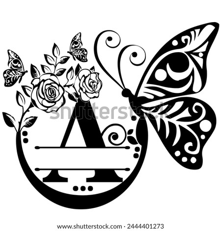 Black handwritten monogram capital letter A decorated with Roses and butterflies, vector clip art on a white isolated background