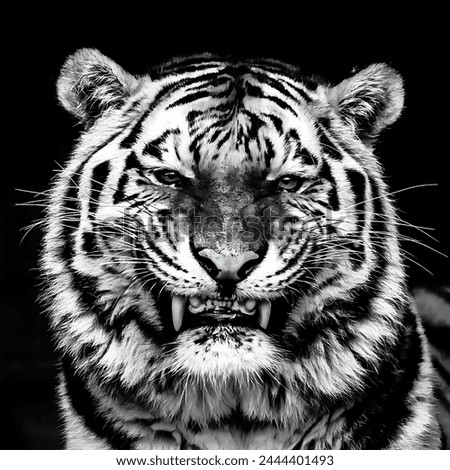 A black and white picture of a Bengal tiger making a movement, showing its sharp teeth and fangs