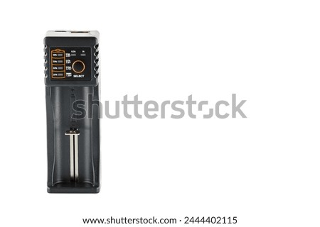 Battery charger for battery type 18650 and smaller isolated on white background close up.